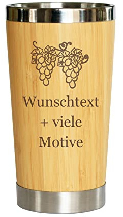 Weinbecher personalisiert mit individueller Gravur - Name + Motiv, Trinkbecher in Holz Optik 0,4L, Bambusbecher für Wein, Mehrwegtrinkbecher, Alternative zum Weinglas