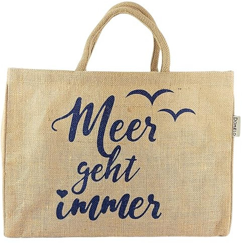Domelo Einkaufskörbe. Bedruckte Einkaufstasche. Jute Tasche groß. Korbtasche, wasserabweisenden Strandtasche. Jutetaschen Shopper als Shopping bag. Nachhaltige Tragetasche (Meer geht immer)