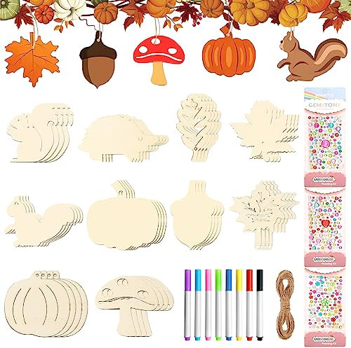 TOPJOWGA Adorno de Hoja de Madera, 40 Piezas Decoraciones de Otoño, Colgantes y Calabazas, Conos de Pino, Adornos para Thanksgiving