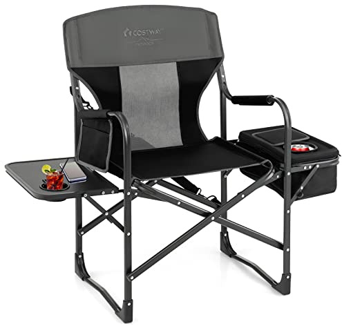 COSTWAY Campingstol med sidobord, kylväska och förvaringsväska, vikbar fiskestol, 180 kg lastkapacitet, bärbar regissstol, hopfällbar stol för camping, fiske, picknick (svart)
