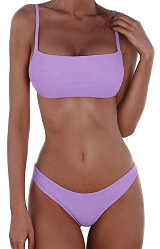 meioro Bikini Sexy per Donne Costumi da Bagno 2 Pezzi a Vita Bassa Swimwear a Tinta Unita Costume da Bagno a Gamba Alta Beachwear(S,Viola Chiaro)