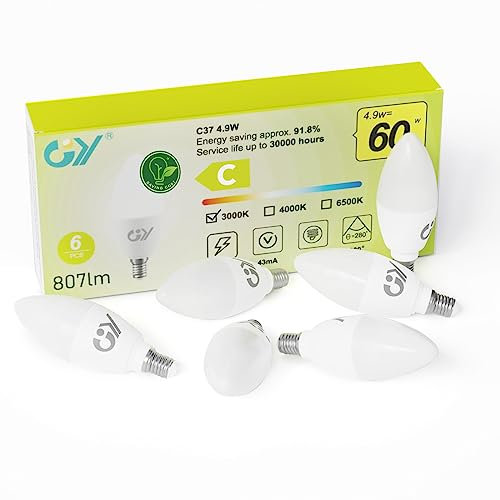 GY E14 LED Warmweiss Lampe 4.9W 3000K 807 Lumen Warmweiß Leuchtmittel,C37 Kerze Energiesparlampe 60W lampe ersetzt,Nicht Dimmbar LED Birnen,6 stück [Energieeffizienzklasse C]