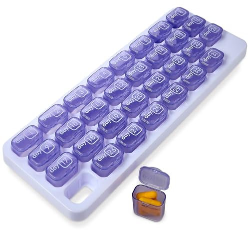 MEDca Monatlicher Pillendosierer – 31 Tage Pillen-Organizer mit großen, herausnehmbaren Medikamentendosen, tragbare Pillendose und Halter für tägliche Medizin und Vitamine für Reisen, Lila