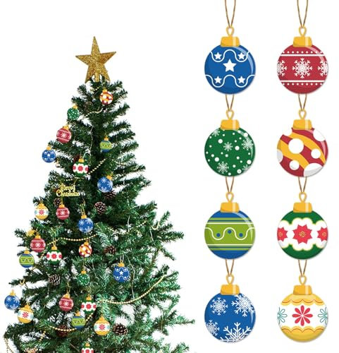 Fairnull Weihnachtsschmuck, 40 Stück, Cartoon-bedruckte flache Papier-Weihnachtskugel-Anhänger mit Hanfseil, schöne Weihnachtsdekoration, 40 Stück