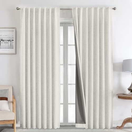 Joydeco 100% Cortinas Opacas 2 Piezas, Lino Cortinas Dormitorio con Pasadores Anti Luz Cortina Termica Aislantes Frio y Calor para Salon（2x245x140，Beige Claro）