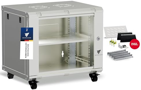 Bemacom Netzwerkschrank 19 Zoll Serverschrank Pro Serie 9HE, Server Rack für Wandmontage EDV Schrank 19 Zoll Gehäuse mit Traglast 60kg, 600x450x474 mm Grau, mit Glastür und abschließbar RAL 7035
