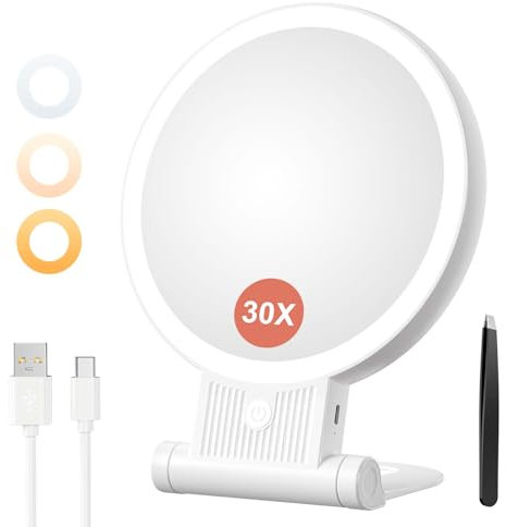 Auxmir Kosmetikspiegel mit Beleuchtung, 30X/1X Doppelseitig Schminkspiegel mit Licht, Dimmbar Tischspiegel, 3 Farblichter Handspiegel, 2000 mAh, Faltbar Vergrößerungsspiegel für Zuhause Reise Kosmetik