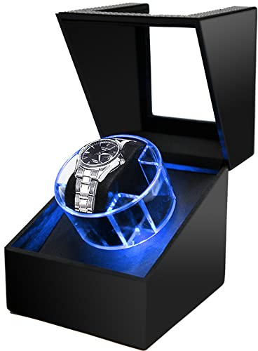 Latest Single Automatic Watch Winder, Mute Japanese Motor, Removable Soft Watch Pillow, Watch Winders for 1 Watches Rotation Storage Display Box for Mechanical Watches(Blue-Led)