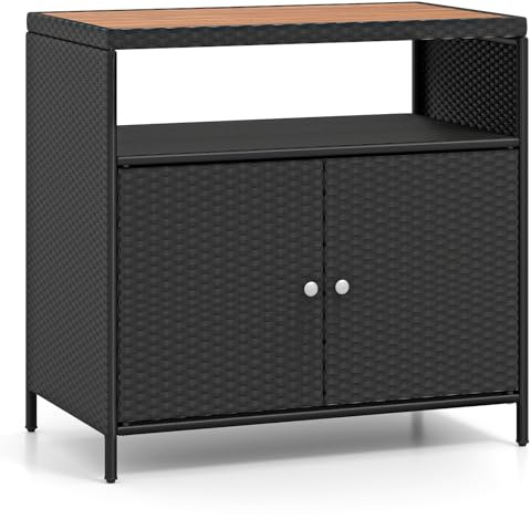 COSTWAY Trädgårdsskåp rotting, terrassskåp med akaciaträ-bänkskiva, öppet fack och dubbeldörr, utomhusförvaringsskåp för trädgård, terrass, 90 x 53 x 86 cm (svart)
