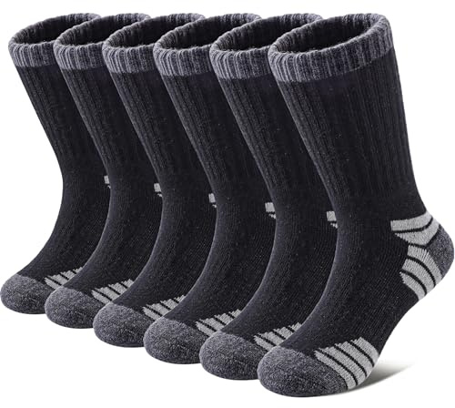 SDBING 6 Pairs Kids Merino Wool Hiking Socks Boys Girls Toddler Thick Cushion Winter Warm Crew Gift, black, 8-12 Jahre