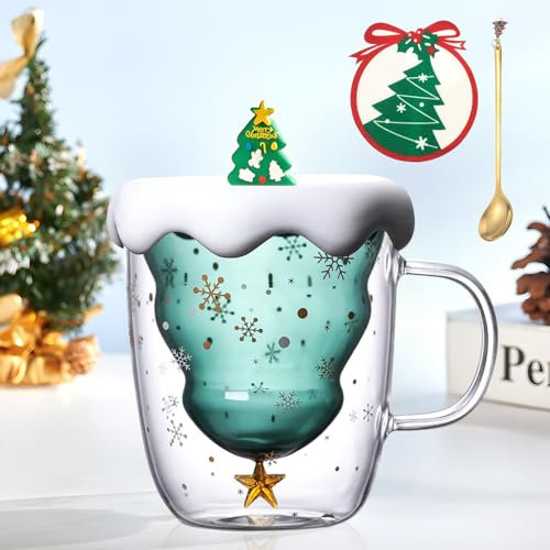 Purpledi Tazze da Caffè con Albero di Natale Tazze Carine, Tazza di Caffè Doppia Parete Tazza, Natale Tazza di caffè Doppia Parete isolata Regalo Originale per le Donne Bambini Ragazze