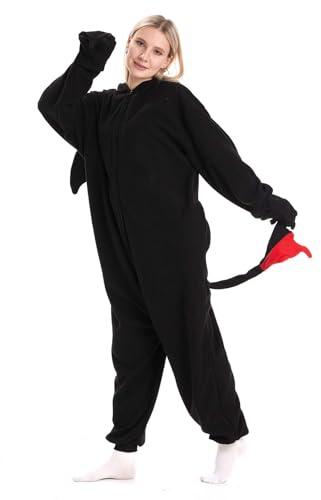 PENGMAI Costume de Dragon en Pièce Unique Pyjamas pour Femmes Hommes, Combinaison Animal Adulte pour Halloween Costumes Cosplay Vêtements de Nuit Combinaison, Dragon noir., L