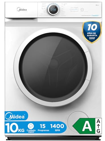Midea Lavadora 10kg Carga Frontal 1950W, 1400 rpm con Motor Inverter - Lavadoras con 15 Programas y Tecnología Healthguard - Washing Machine Bajo Consumo, Lavado Rápido, Función Vapor y Modo Eco