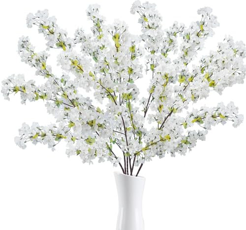 HUAESIN 6PCS Flores de Cerezo 82cm Ramas de Cerezo Artificiales Blanco Flores de Plástico para Maceta Sakura Flores Artificiales Ramos de Flores Artificiales para Jarrón Oficina Boda Balcón