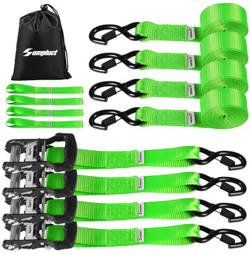 Ratchet Tie Down Straps Set Heavy Duty - 4 Pack 4400 LB Break Strength, 15 FT Tie Down Strap Ratchet with Safety Lock S Hook, 1.5 in Cargo Straps for Truck, Motorcycle, Moving, Trailer, ATV -Green