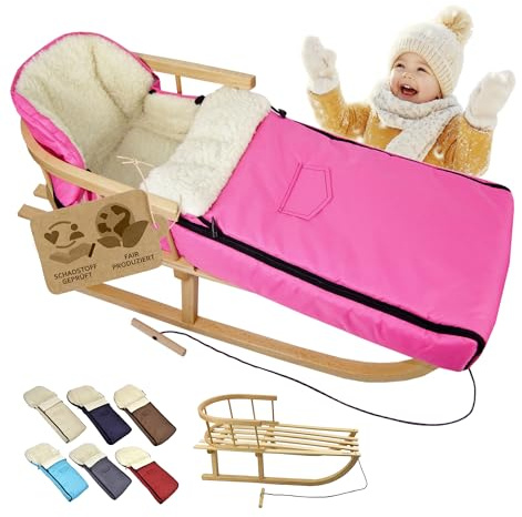 BambiniWelt Holzschlitten mit Rückenlehne & Zugseil + Winterfußsack 108 cm – warme Lammwolle, wasserabweisend – Kombi-Set für Kinderwagen & Buggy