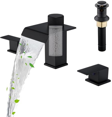 Filtered Bathroom Faucets for Sink 3 Hole Bathroom Sink Faucet Built in Water Filter 8 Inch Widespread Black Bathroom Faucet with Metal Pop-up Drain and Supply Line