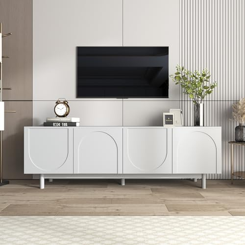 LONELYO Meuble TV Moderne Blanc 175x38x56 cm - Table TV Design Contemporain avec Panneaux Insertion Ajustables, Meuble Bas de Luxe pour Salon