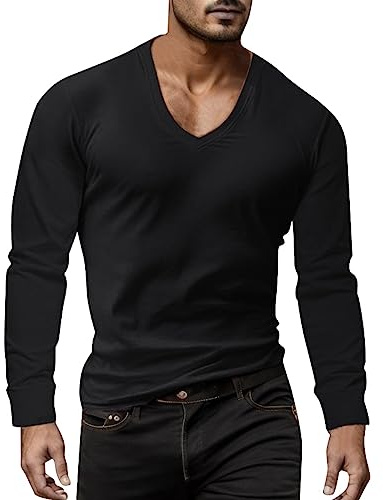 Foweknow Camiseta de manga larga para hombre, cuello de pico, camiseta térmica, transpirable, monocolor, informal, cómoda, camiseta interior versátil, camisa de trabajo, camisa de trabajo