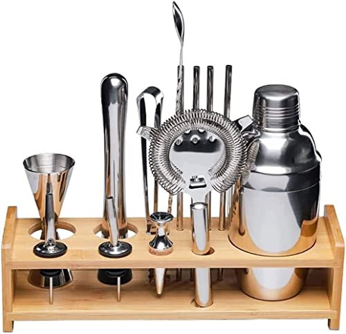 QTANZIQI Kit de coctelera de 14 Piezas con Soporte, Herramientas de Barra Profesionales, coctelera, Cuchara mezcladora, mortero, medidor, Pinzas, Plateado
