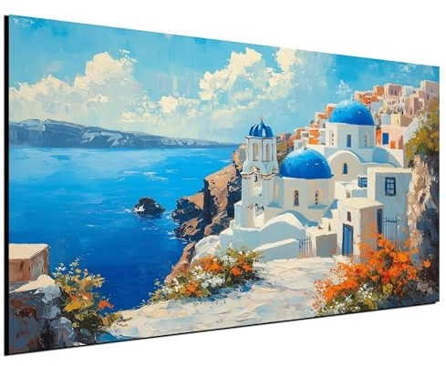 DARO Design® Bilder Groß 84x56 cm XXL Wohnzimmer Deko Modern Wandbild Foto auf Leinwand Bild Schlafzimmer Room Decor Geschenke Kunstdruck Griechenland Meer Santorini Gemälde Ölfarbe blaue Dächer