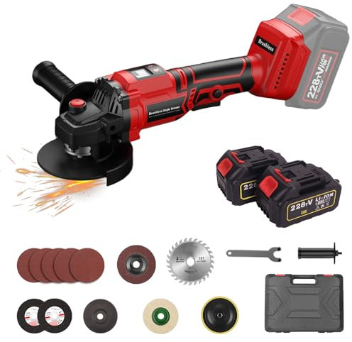 CALISTOUK Amoladora Angular con 2 * 3.0Ah Baterías, 3 Modos Amoladora Angular Eléctrica 21V Función de Pantalla Digital con 12 x Muelas para Cortar y Amolar con Precisión, Ø 115 mm