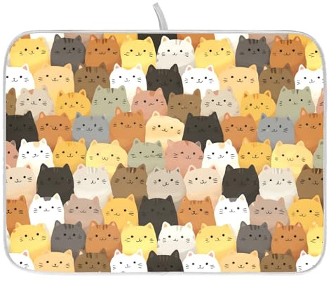 Cute Cats Animals Dish Drying Mats for Kitchen Counter Small Drying Mat for Dishes Microfiber Dish Rack Mat Drainer Pad Washable Foldable Ultra Absorbent Dry Mat 18x16