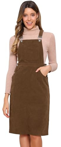 Allegra K Robe Salopette Femme en Velours Côtelé à Bretelles Réglables Sans Manches, Col Carré, Robe Midi Décontractée avec Poches Marron XL