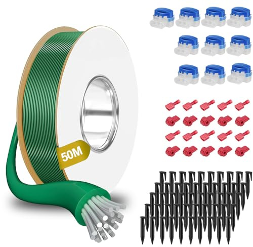 50M Universal Begrenzungskabel für Mähroboter +50 Erdnägel+10 Mähroboter Kabelverbinder+10 Anschlussklemmen, Rasenmäher Kabel Zubehör Set, Kompatibel mit Gardena Bosch Husqvarna Worx Honda Robomow usw