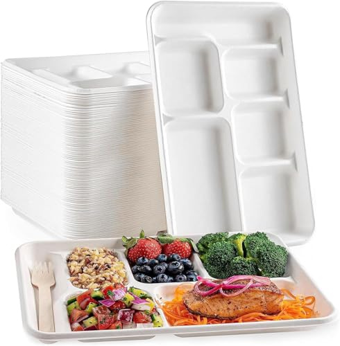 MALLOOM 100 Assiettes Jetables à 6 Compartiments, 30 cm Assiettes Compostables en Fibre de Canne à Sucre, Plateau Repas Résistant pour Cantine Scolaire, Fête, Buffet, Dîner (Passe au Micro-ondes)