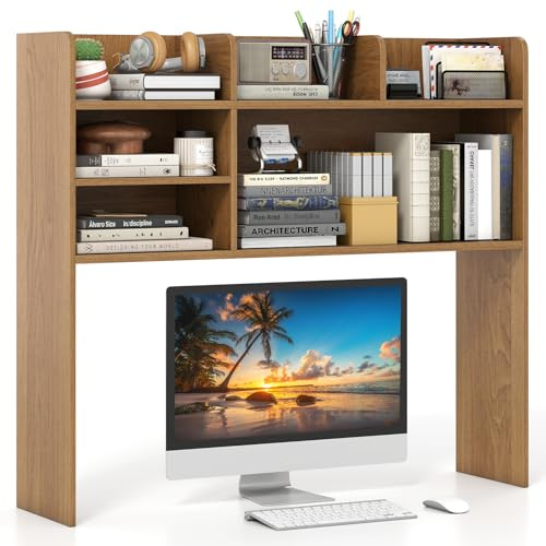 GOPLUS 3-stufiges Schreibtischregal, Schreibtischständer mit 6 offenen Regalen, Schreibtisch Aufsatzregal für Monitore bis zu 32, verstellbares Bücherregal Holz, Tischregal für Zuhause & Büro (Natur)