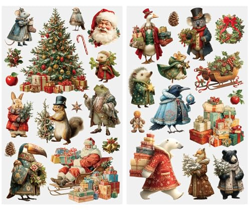 2 Sheets Christmas Rub On Transfer Stickers, Vintage Holiday DTF Cold Decals Xmas Tree Santa Gingerbread Man Design for DIY Crafts Glass Mugs Wood Acrylic Gift Making