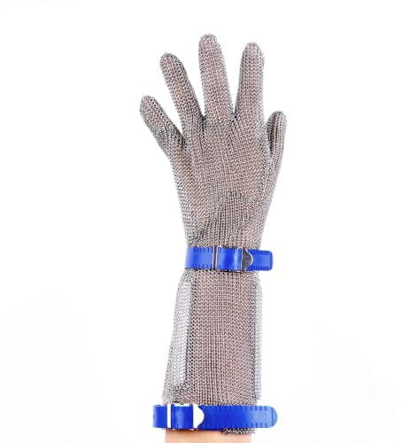 RETON-PPE Kettenhandschuh aus Edelstahl, 15 cm Schnittfester Metallhandschuh mit verstellbarem Kunststoffriemen für Metzger, Fleischverarbeitung und Küche (L)