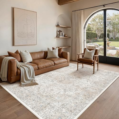 PureCozy Teppich Wohnzimmer 160x230cm Vintage Waschbarer Beige Tepich | Rutschfest Kurzflor,Weich Cream Teppiche,Wohnzimmerteppich,Schlafzimmer,Esszimmer,Büro,Kinderzimmer
