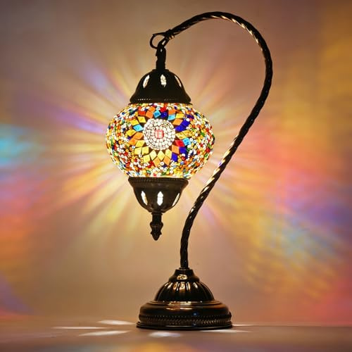 XUMAIDENG Vintage Turkish Lamp Stained Glass Table Lamp, Handmade Turkish Moroccan Mosaic Lamp with Bronze Swan Neck Base, LED Bulb Included, Bedside Decor for Bedroom