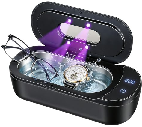 ERWEY Ultraschallreinigungsgerät 400ml, Ultraschallreiniger 48000Hz UV, Brillenreinigungsgerät Zahnschiene Reinigung, Ultraschallgerät für Zahnersatz Schmuck Uhren, Schwarz