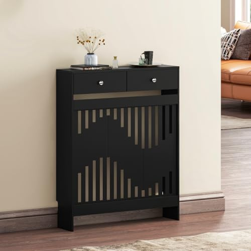 Luxstein Radiator Cover with Drawers, Black Wooden Radiator Shelf Pipe Covers Cabinet with Wavy Grill for Living Room Bedroom Hallway, 78Lx19Wx95Hcm