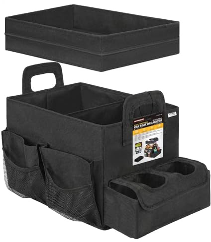OEMASSIVE Auto Organizer mit Deckel &Getränkehalter, Faltbar Rückbank Organizer, Stabil Autositz Rücksitz Kofferraum Organizer mit abnehmbarer Fächern Thermotaschen für Spielzeug Snacks Reisekinder
