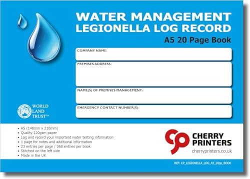 Cherry Printers Water Management Legionella Log Book A5 | 20 Page Record Book | 368 Water Testing Entries | Temperature Checks & Flush Log | ACoP L8 Compliant | 120gsm Paper | Made in UK **2 Pack**