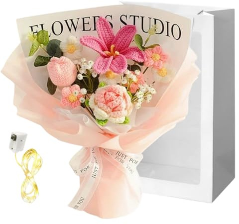 Handgefertigter Häkelblumen Strauß, Kunstblumen Rosen Tulpen Sonnenblumen für Muttertag Valentinstag, Geburtstagsgeschenk für Frauen Mutter Oma, Dauerhafte Wohnkultur Dekoration (Purpurrote Tulpen)