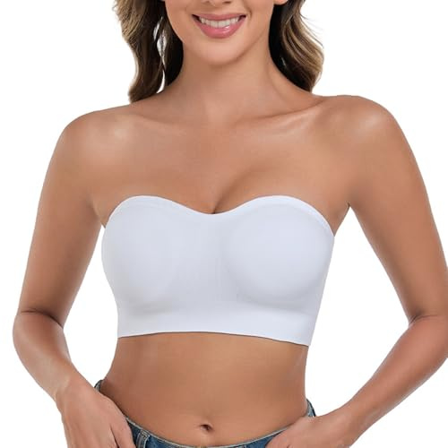 ANGOOL Strapless Bras for Women Non Slip Padded Non Wired Bandeau Bra | Seamless Bandeau with Slip Silicone Grip, Push Up Tube Bra, Supportive, Non Removable Pads, Convertible Straps Multiway Bra