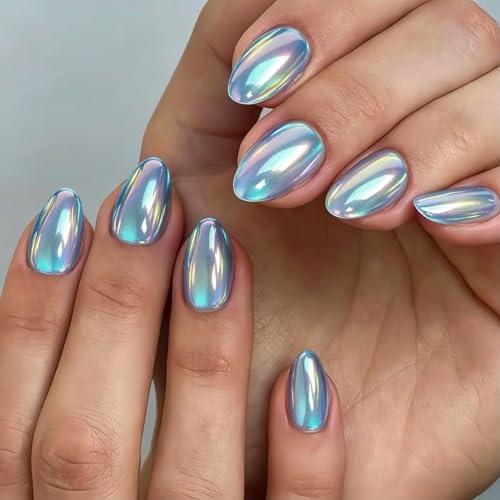 KQueenest Chrome Press On Nails Kurz Rund, Glänzende Hell Blau Nägel zum Aufkleben, High Shine Cat Eye Fake Nails für Frauen in 16 Größen - 32 Stück Salonqualität Künstliche Nägel Set