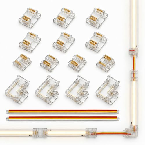 Mowpiny 14 Stück 3 Pin 10mm COB LED Streifen Verbinder Set für COB 2835 | 3-polig 10mm Lötfreier Strip Steckverbinder, 2 15cm 22AWG Verlängerungskabel 10 Transparent Connector 4 L-Shaped Eckverbinder