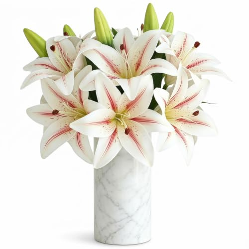 HUANYO 3 Heads Real Touch Artificial Lily Flowers, Fake Silk Lily Bouquet for Wedding, Home, Living Room, Bedroom, Garden Decoration - 3 Stems per Set (bean paste color)