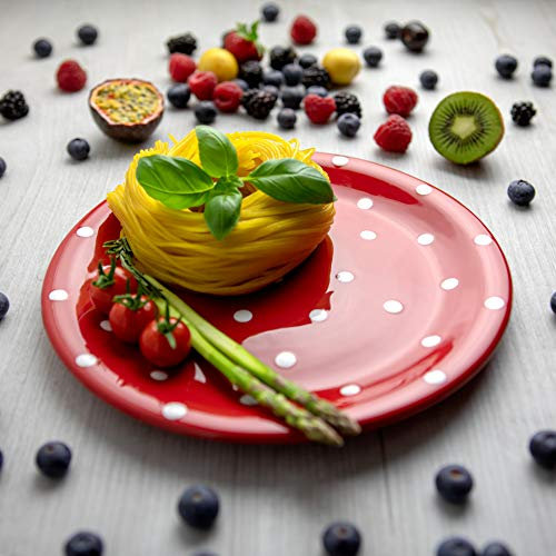 City to Cottage® Cerámica en Rojo y Blanco | Diseño de Lunares | Hecha y Pintada a Mano | Plato Grande Llano de Cerámica Esmaltada 10 pulgadas/25,5 cm | Vajilla Única