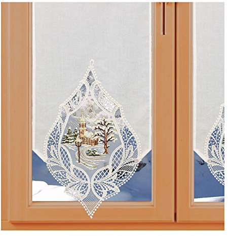 Scheibengardinen von kollektion.MT Landhausgardine Winter-Scheibenhänger Winterdorf Natur Vogtländischer Spitze mit Besticktem Organza-Einsatz 40 x 30 cm