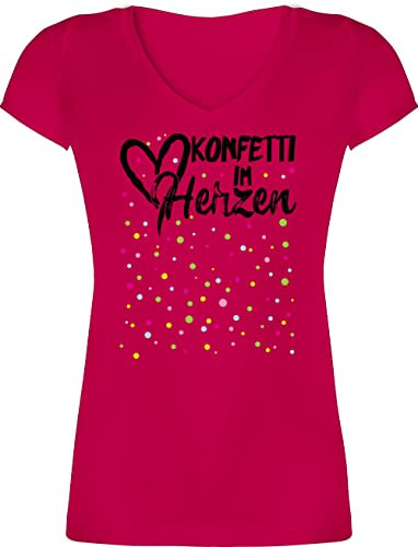 T-Shirt Damen V Ausschnitt - & Fasching - Konfetti im Herzen I Köln Karneval I Confetti - M - Fuchsia - Tshirt Herz faschingsshirt Faschings Fastnacht Coole-Fun-t-Shirts karnevalsshirts Karnevals