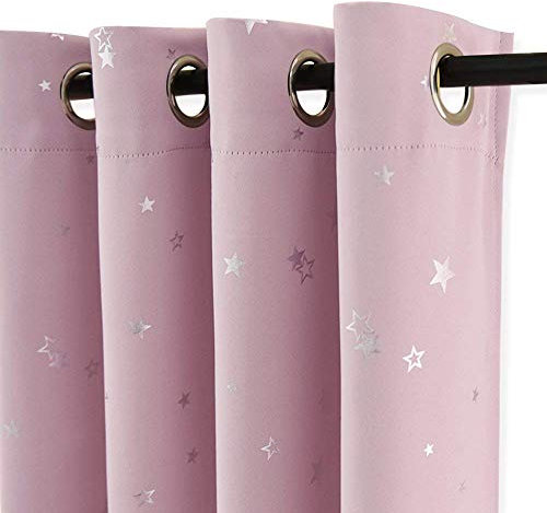 PONY DANCE Eyelet Kids Curtains - Girls Preteen Star Foil Printed Blackouy Panels Thermal Pink Curtains for Toddler Nursery/Sliding Door (52 inch Wide by 84 inch Long, Light Pink, 2 Pieces)