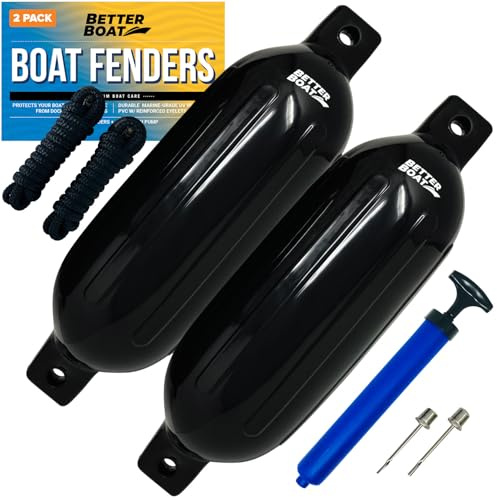 Better Boat Boat Fenders for Docking 2 Pack, 23 x 6.5 Inflatable Black Boat Bumpers with Pump and Lines, Dock Bumpers for Pontoon Boats
