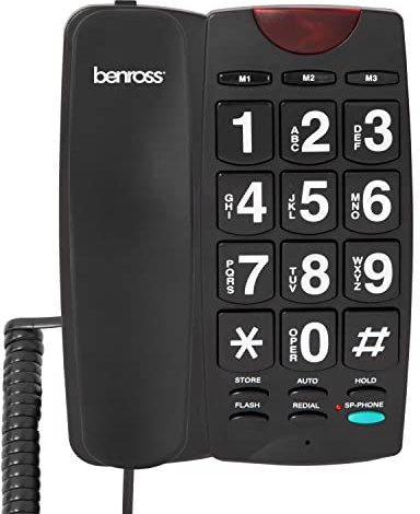 Benross 44579 Jumbo Button Landline Telephone for Elderly and Disabled/LED Light/Easy to Read Buttons/Adjustable Volume/Hands Free Speaker/Desk & Wall Mountable/Black